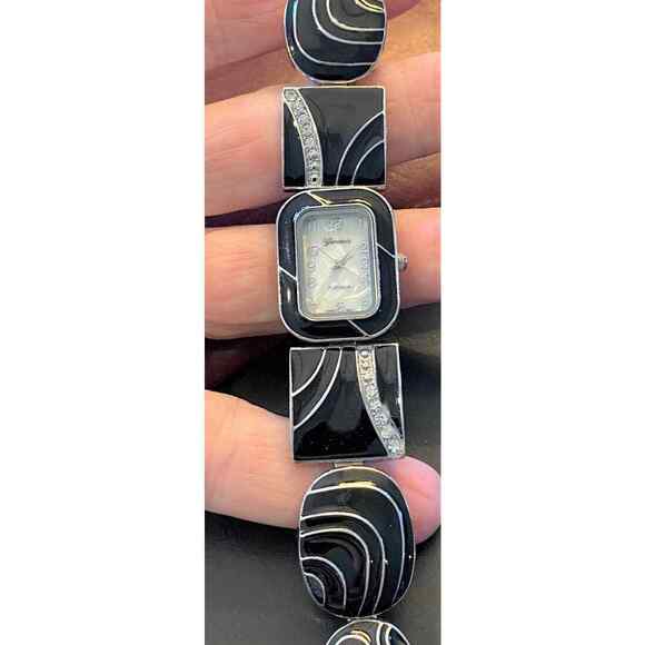 Women's 23mm Silver Tone with Black Enamel and Crystal Accents, MOP Face - Picture 3 of 3